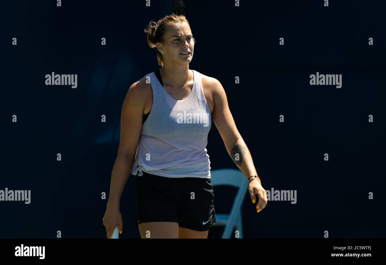 Aryna Sabalenka of Belarus practices at the 2019 Mubadala Silicon Valley Classic Premier Tennis Tournament Stock Photo