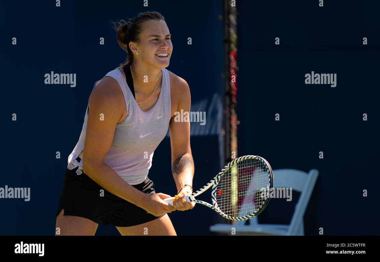 Aryna Sabalenka of Belarus practices at the 2019 Mubadala Silicon Valley Classic Premier Tennis Tournament Stock Photo