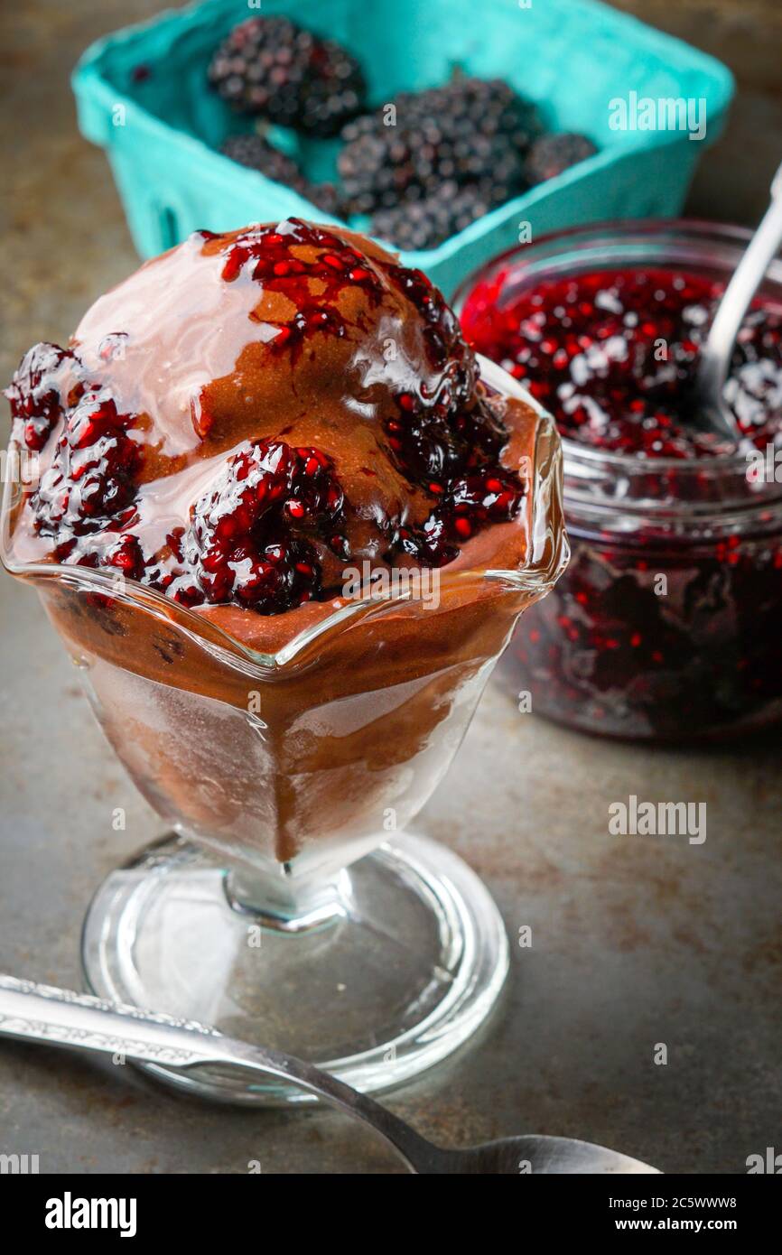 Chocolate Ice Cream with Raspberry Sauce Stock Photo - Alamy