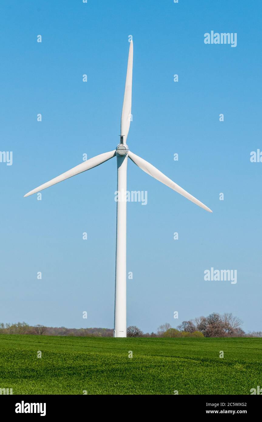 Windkraftanlagen auf einem Feld In Schleswig-Holstein Stock Photo