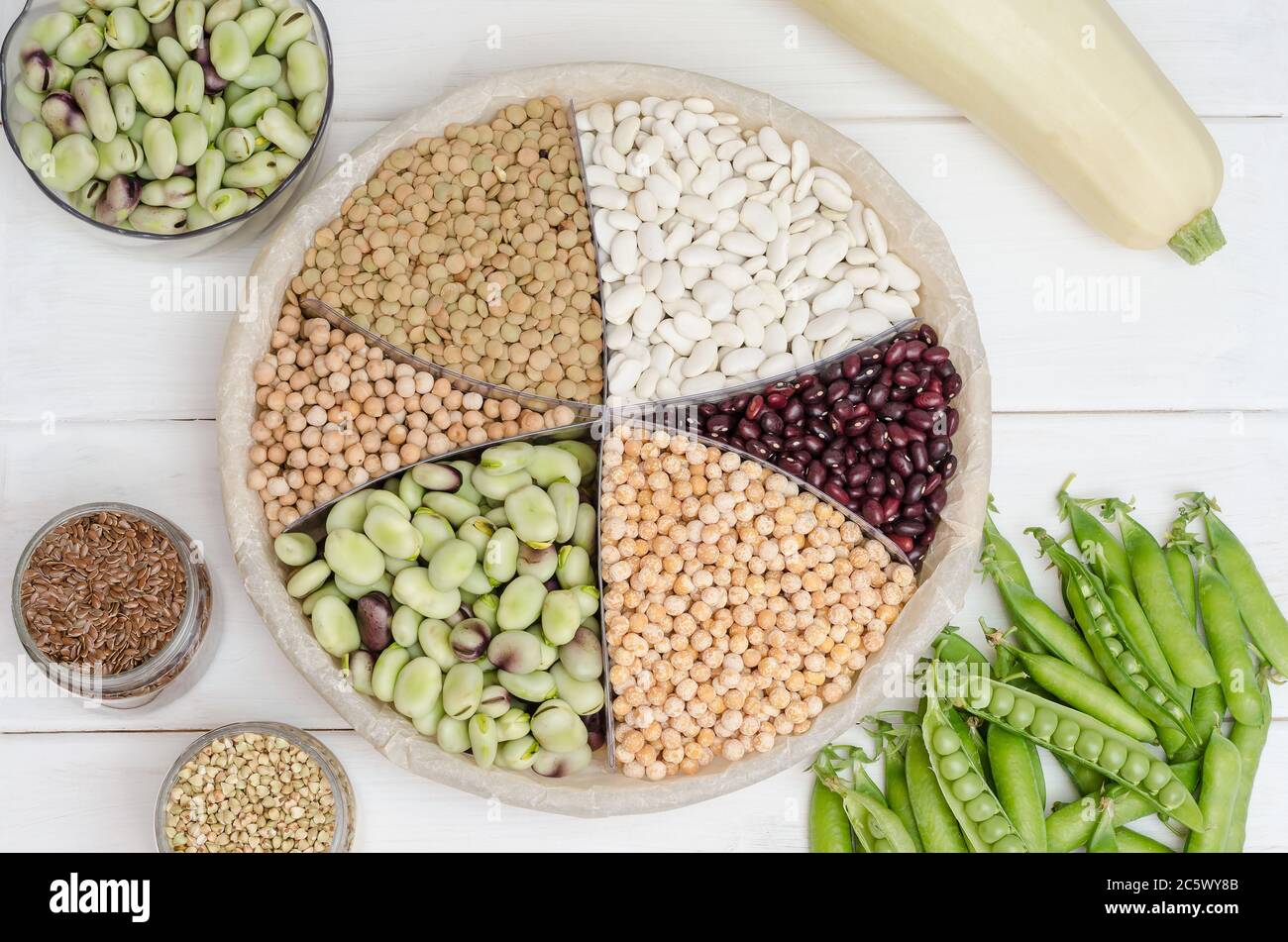 Vegan source of protein. Beans, lentils, peas, chickpeas, beans. Top view on a white table. vegetarian food. Stock Photo