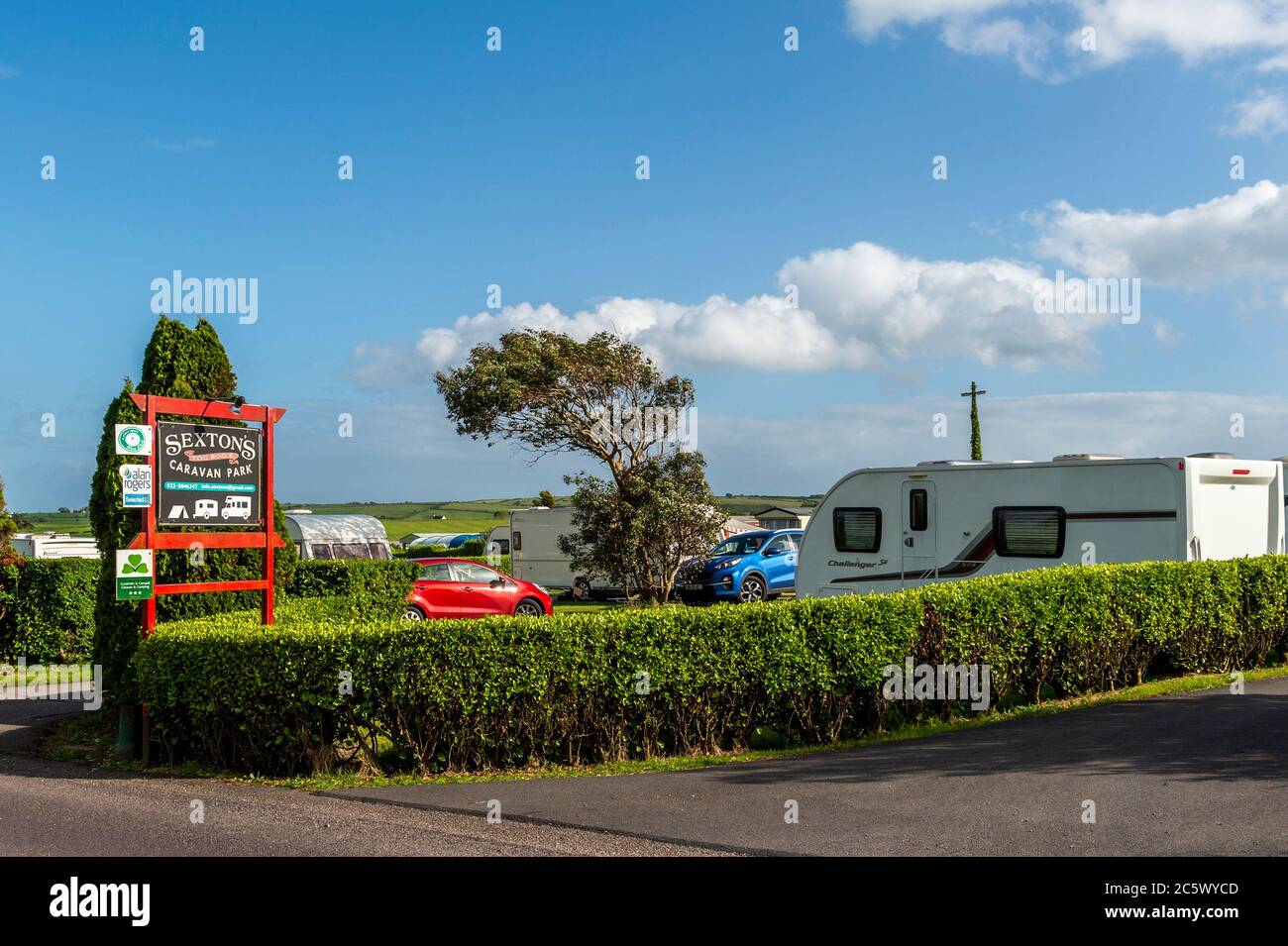 Timoleague, West Cork, Ireland. 5th July, 2020. Sexton's Caravan Park in Timoleague was full of caravans, motor homes and tents this weekend after reopening on Monday 29th June for the first time this year. Credit: AG News/Alamy Live News Stock Photo