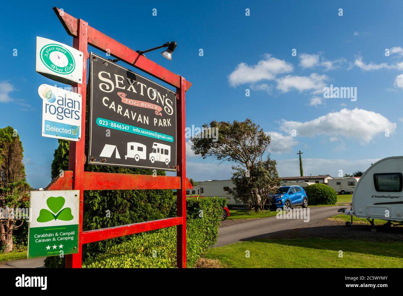 Timoleague, West Cork, Ireland. 5th July, 2020. Sexton's Caravan Park in Timoleague was full of caravans, motor homes and tents this weekend after reopening on Monday 29th June for the first time this year. Credit: AG News/Alamy Live News Stock Photo