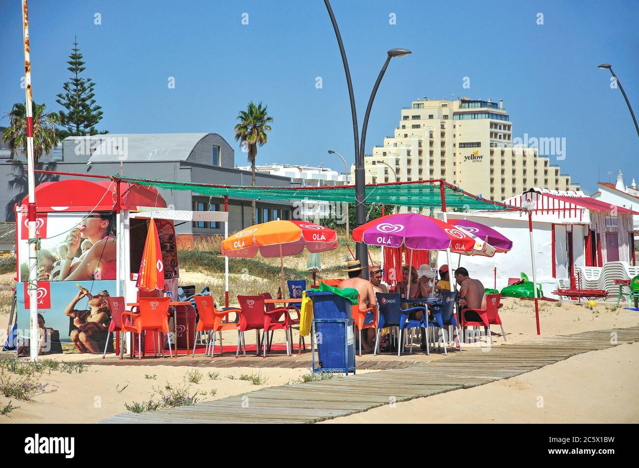Beach cafe, Monte Gordo, Vila Real de Santo António Municipality, Faro District, Algarve Region, Portugal Stock Photo
