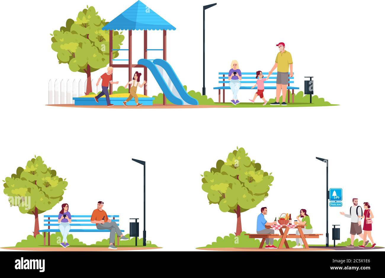 People in recreation area semi flat RGB color vector illustrations set ...