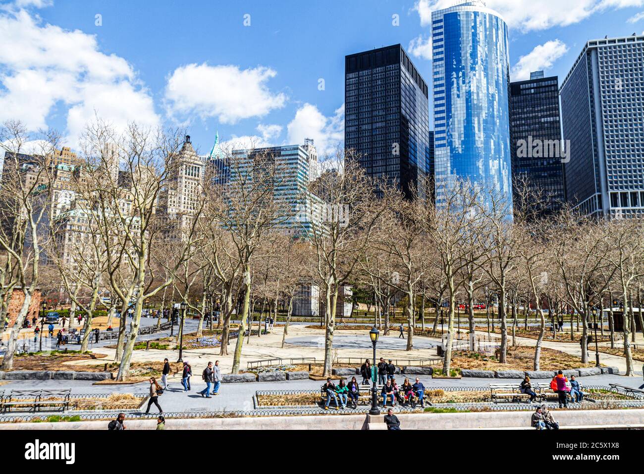 New York City,NYC NY Lower,Manhattan,Battery Park,Financial District,FiDi,public park,skyline,high rise skyscraper skyscrapers building buildings leaf Stock Photo