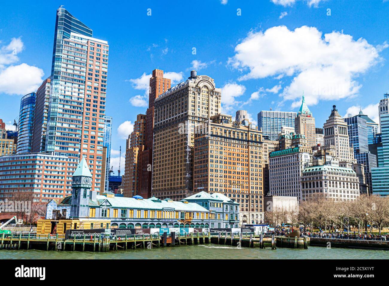 New York City,NYC NY Lower,Manhattan,Battery Park,Financial District,FiDi,New York Harbor,harbour,Hudson River,Statue Cruises,City Pier A,clock tower, Stock Photo