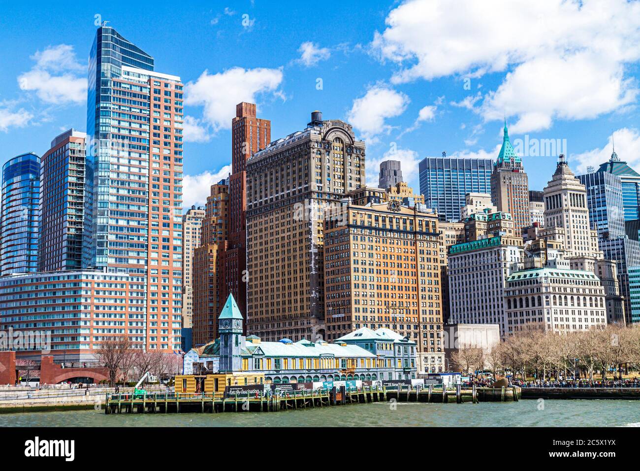 New York City,NYC NY Lower,Manhattan,Battery Park,Financial District,FiDi,New York Harbor,harbour,Hudson River,Statue Cruises,City Pier A,clock tower, Stock Photo