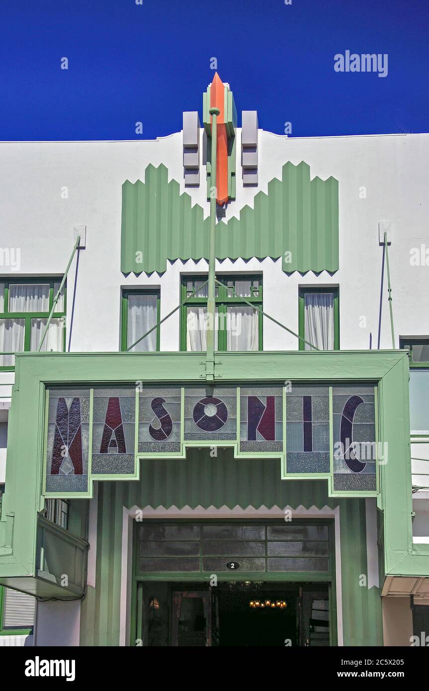 The Art Deco Masonic Hotel entrance, Marine Parade, Napier, Hawke's Bay, North Island, New Zealand Stock Photo