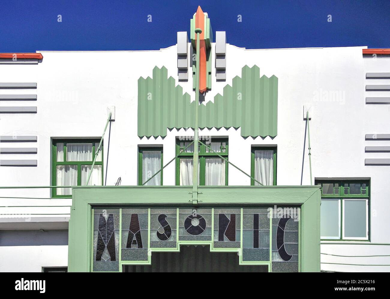 The Art Deco Masonic Hotel entrance, Marine Parade, Napier, Hawke's Bay, North Island, New Zealand Stock Photo