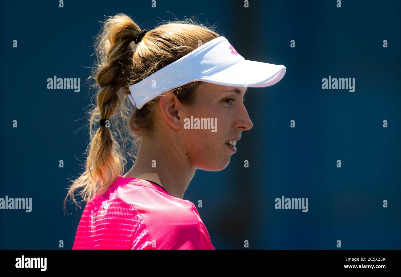 Elise Mertens of Belgium practices at the 2019 Mubadala Silicon Valley Classic Premier Tennis Tournament Stock Photo
