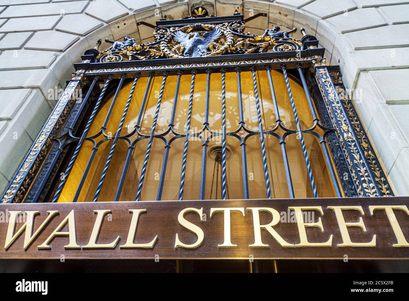 New York City,NYC NY Lower,Manhattan,Financial District,FiDi,United States Assay Office building,30 Wall Street,arched entrance,ornamental cast iron,d Stock Photo