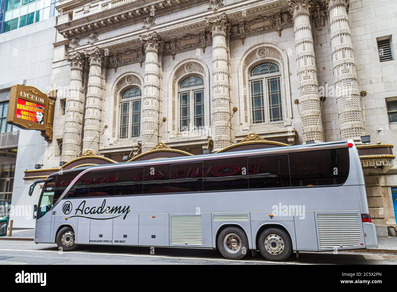 New York,New York City,NYC,Midtown,Manhattan,45th Street,Lyceum,Broadway Theatercharter bus,coach,Beaux Arts design,theatrical performance,coach,limo, Stock Photo