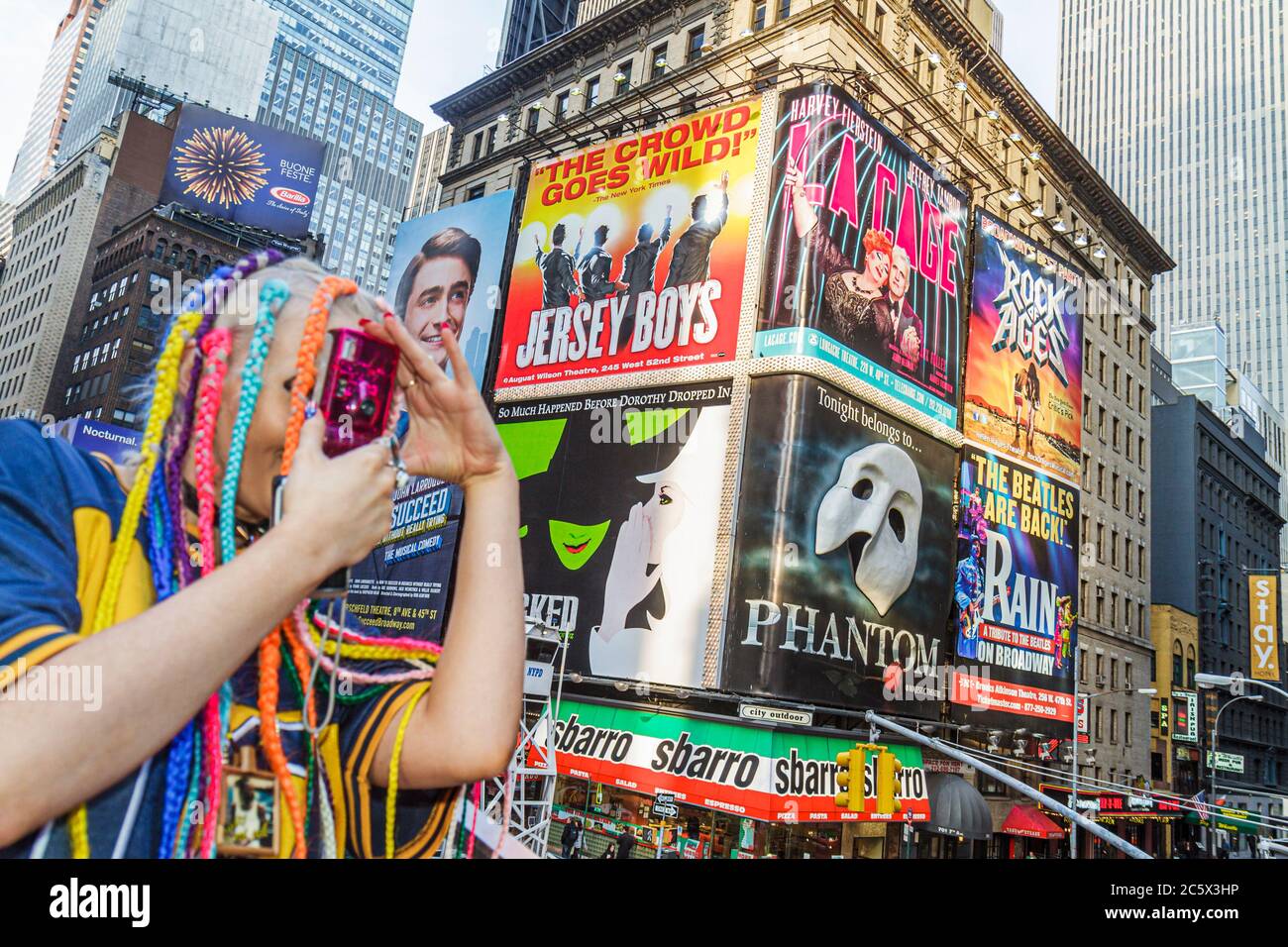New York,New York City,NYC,Midtown,Manhattan,Times Square,Theatre District,Broadway,illuminated sign,spectaculars,ad advertising advertisement,Wicked, Stock Photo