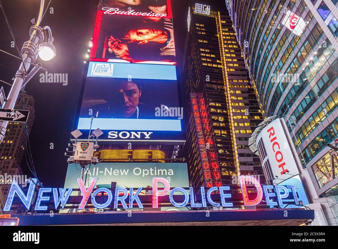 New York,New York City,NYC,Midtown,Manhattan,Times Square,illuminated,neon sign,ad advertising advertisement,Sony,New York Police Department,law enfor Stock Photo