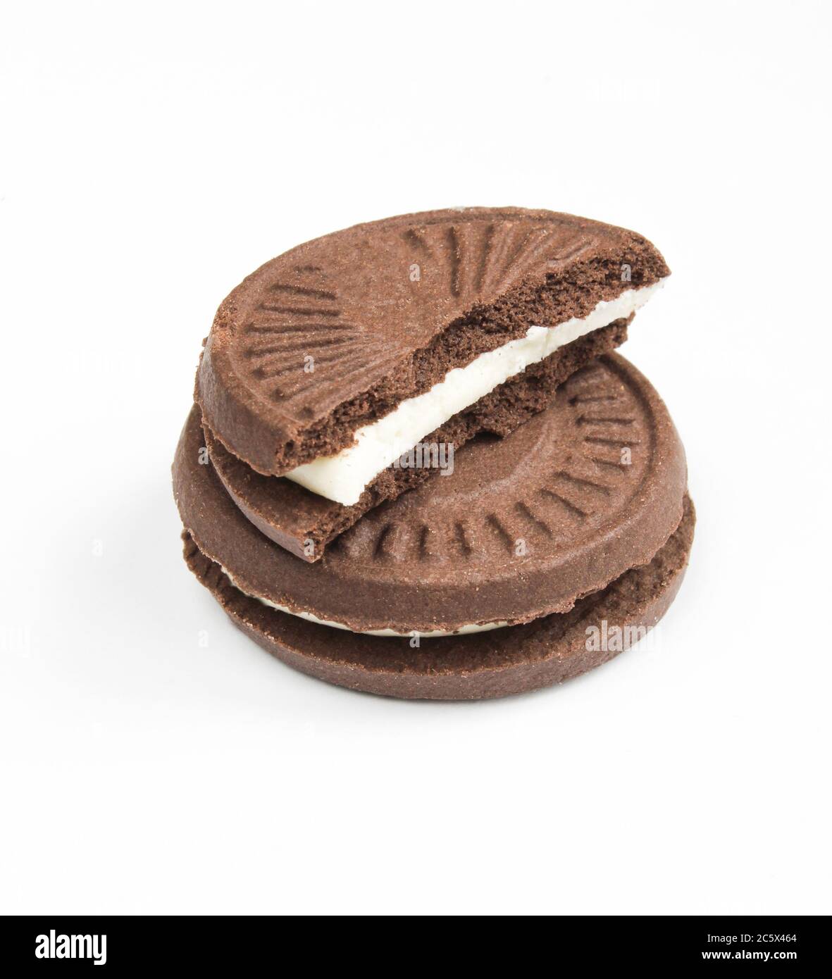 Filled tea biscuits isolated on white background. Chocolate sandwich