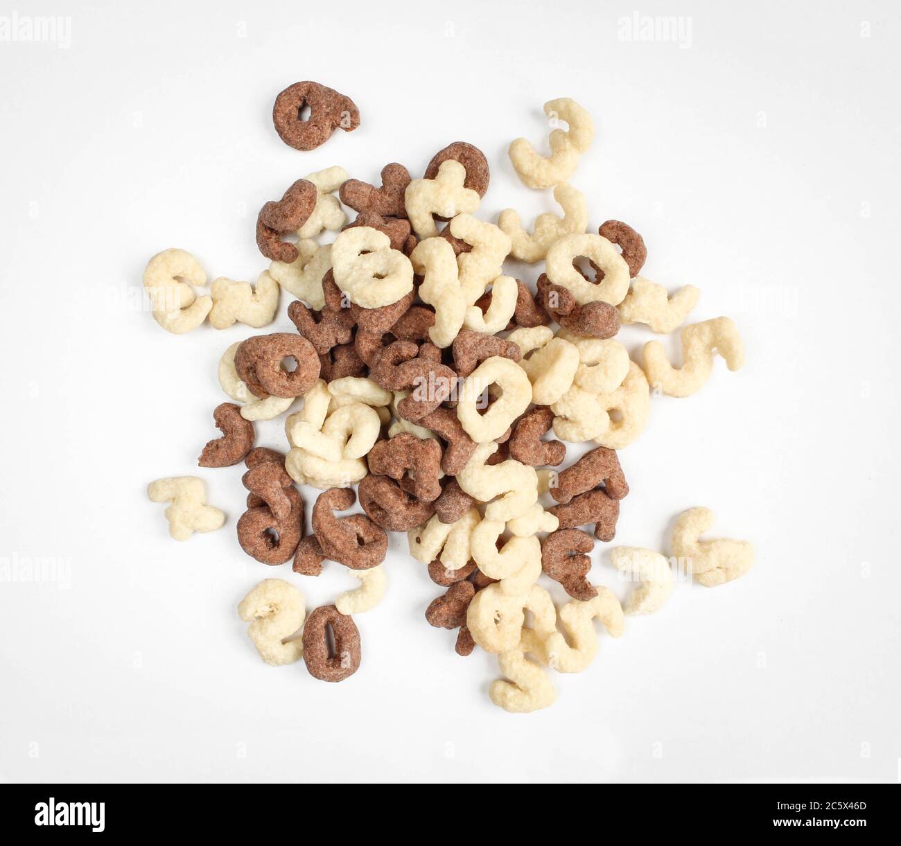 Mixed black and white choco flakes. Cereals in numbers top view