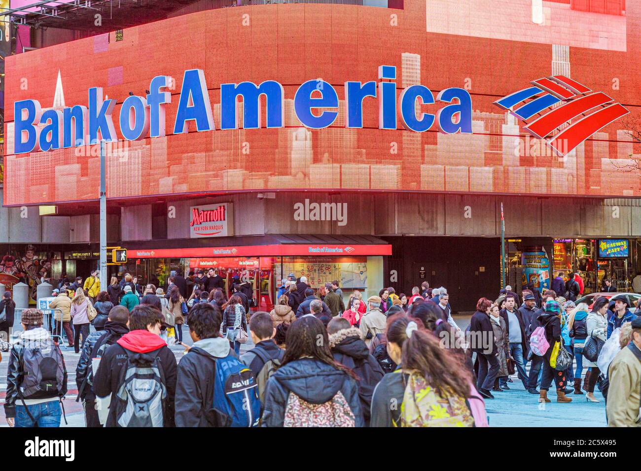 New York City,NYC NY Manhattan,Midtown,Times Square,illuminated sign,LED,Bank of America,street scene,crossing,crowded,group,NY110405076 Stock Photo