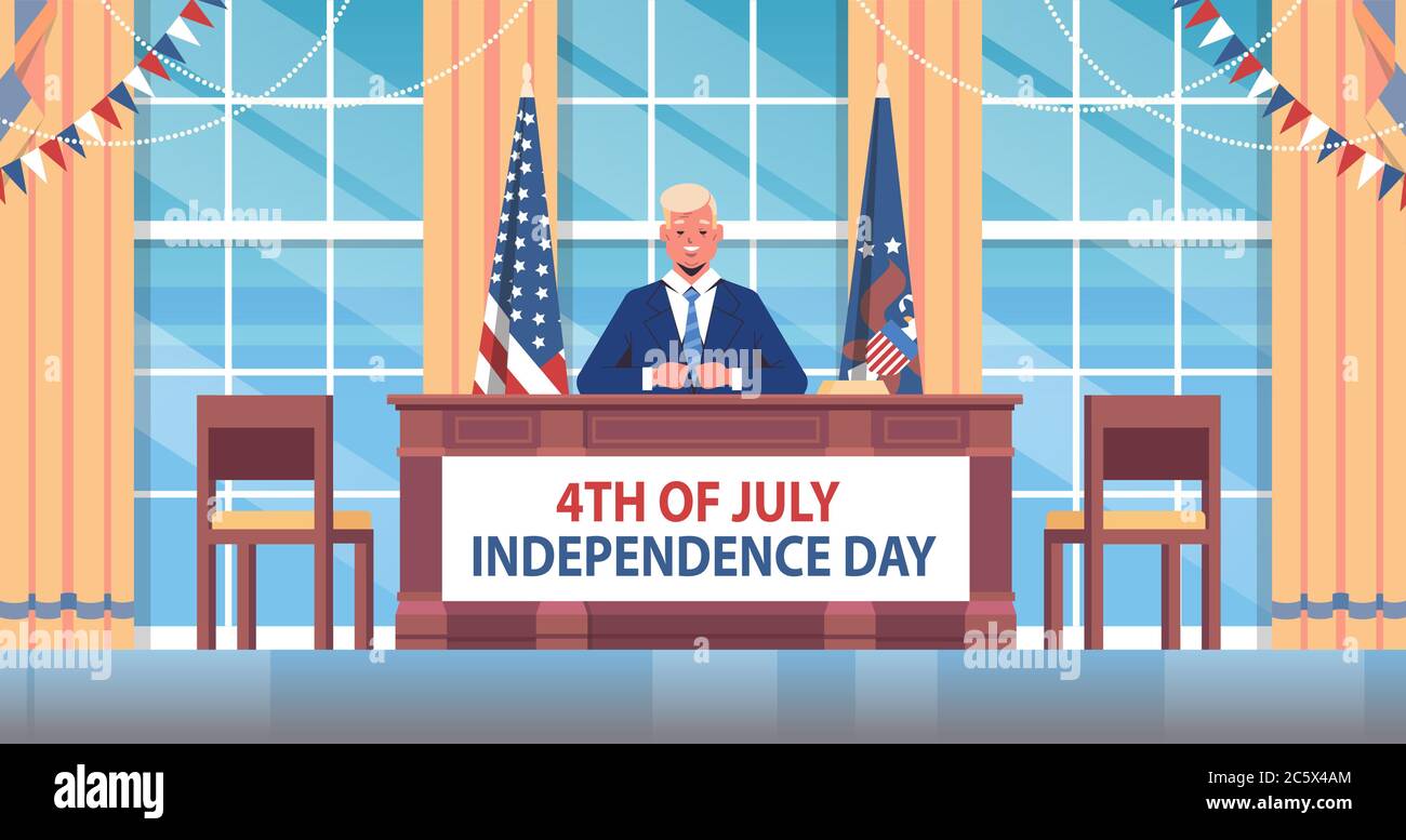 4th of july celebration united states president speaking to people american independence day concept oval office white house interior horizontal full length vector illustration Stock Vector
