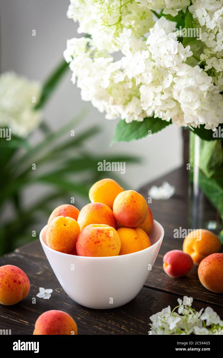 Vase of flowers viburnum opulus Roseum and ripe juicy apricots Stock Photo