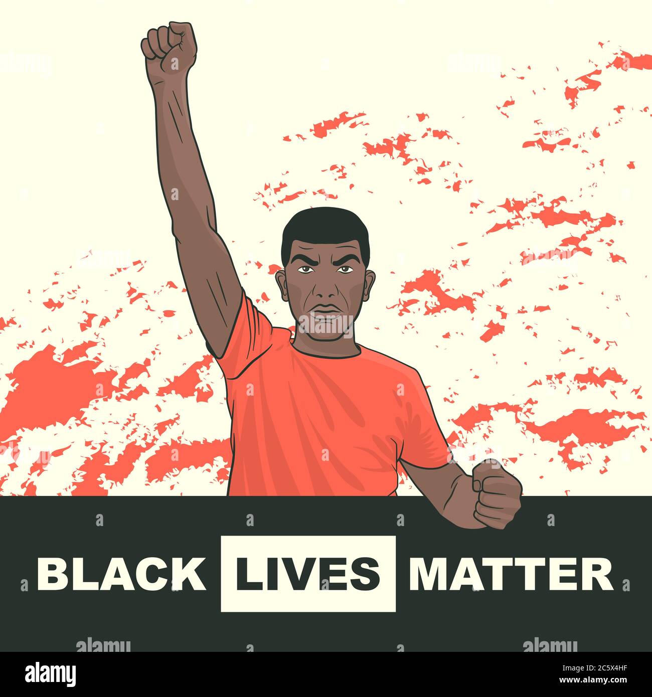 Black Lives Matter. Banner with Black Protesting Man. Fist raised up. Protest, Fight for Rights, Power Concept. Cartoon Pop Art style. Poster, Placard Stock Vector