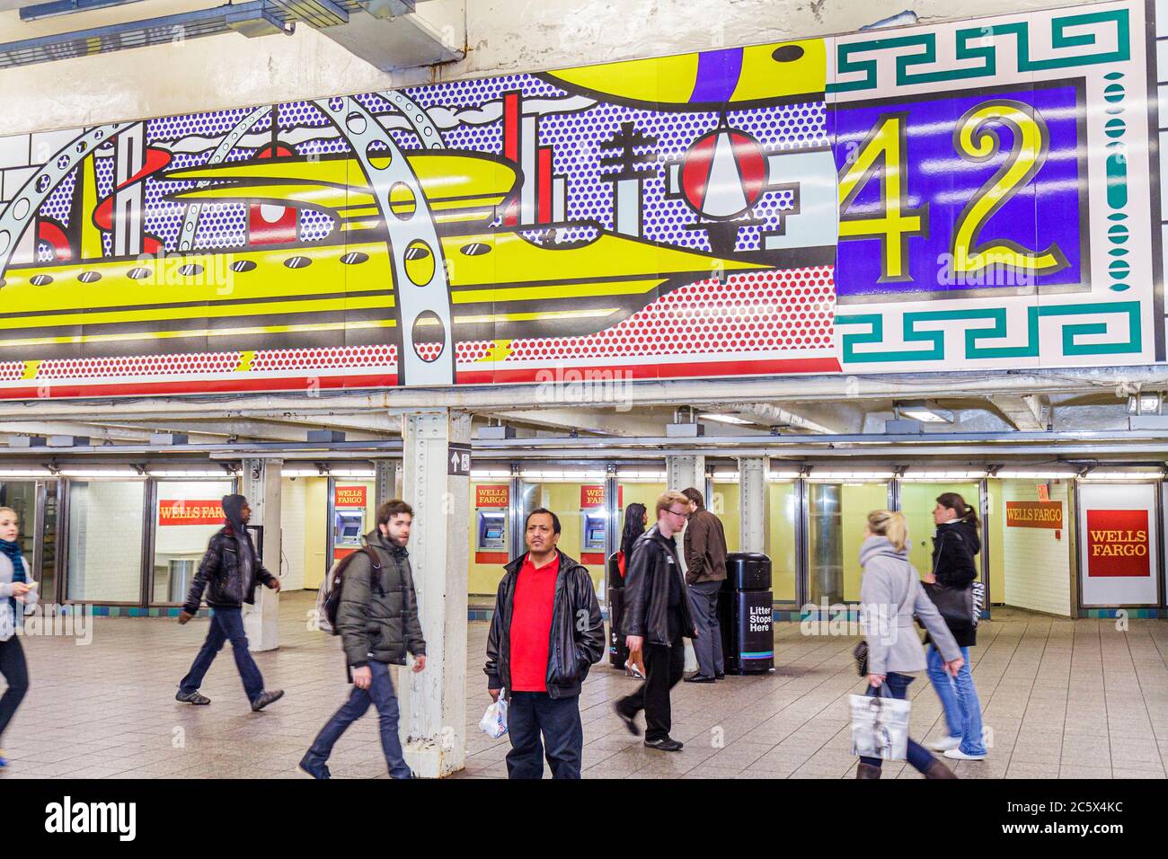 New York City,NYC NY Manhattan,Midtown,MTA,New York City,Subway system,Times Square Station,A C E S 1 2 3 7 highway Route,mural,public art,Roy Lichten Stock Photo