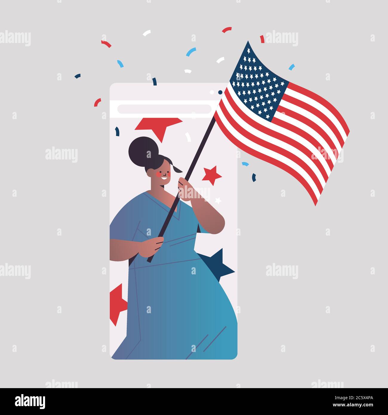 woman holding usa flag celebrating 4th of july american independence day concept smartphone 