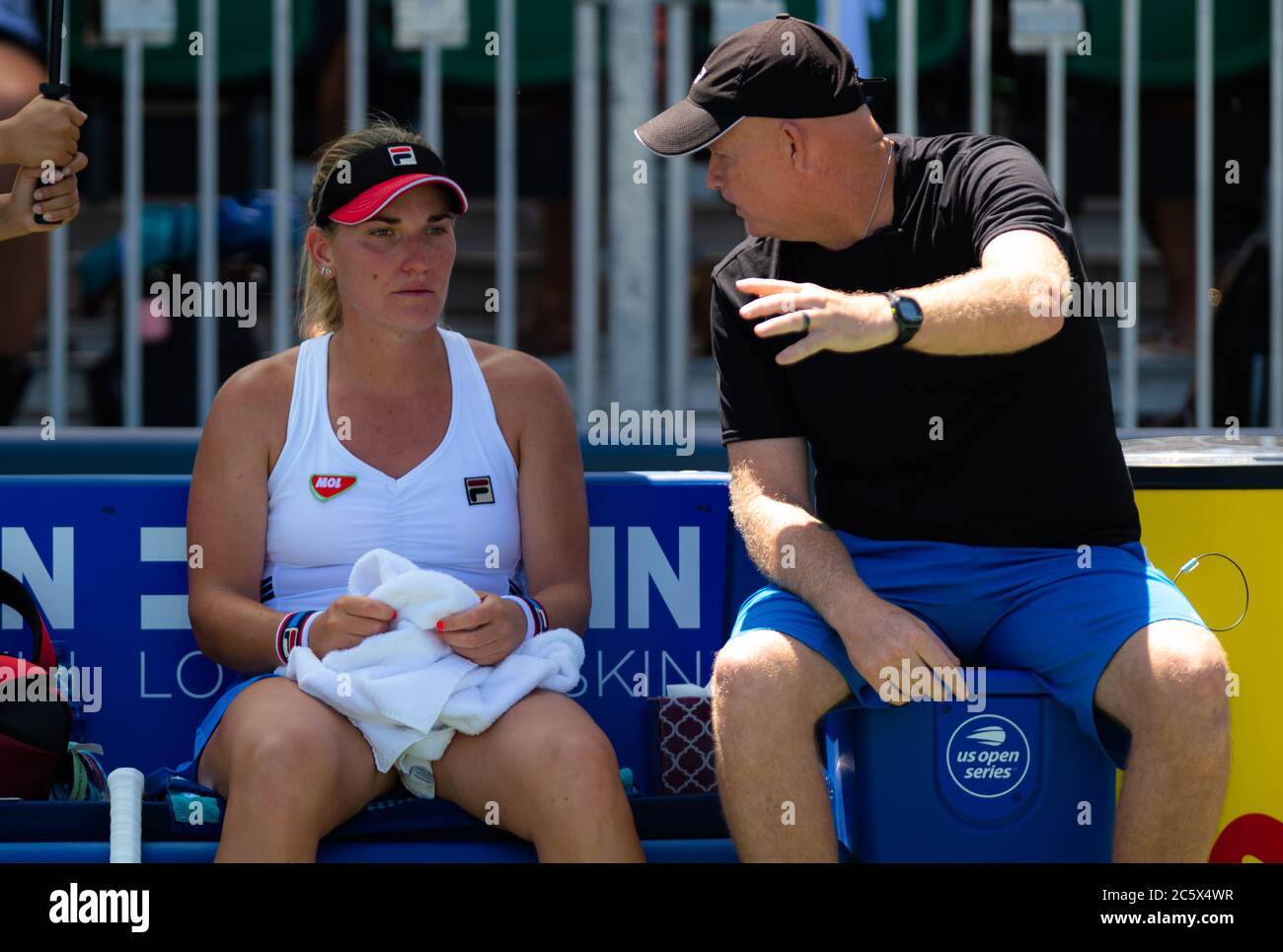 Timea Babos of Hungary listens to coach Michael Joyce during the first  round of the 2019 Mubadala Silicon Valley Classic Premier Tennis Tournament  Stock Photo - Alamy