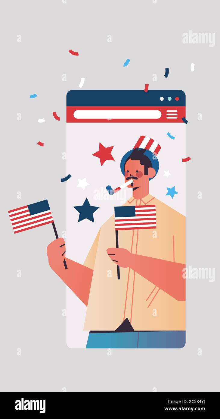 man with usa flags celebrating 4th of july american independence day concept smartphone screen 