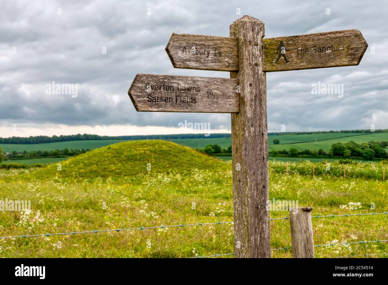 A signpost beside a tumulus on the Ridgeway points directions to local historic features Avebury, Overton Downs, Sarsen Fields and The Sanctuary. Stock Photo