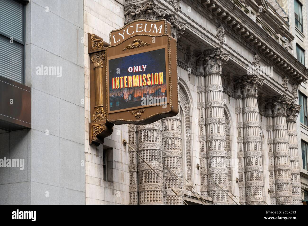 Marquee of the Lyceum Theatre in New York City showing “Only Intermission” during its closing in 2020 due to the Coronavirus pandemic Stock Photo