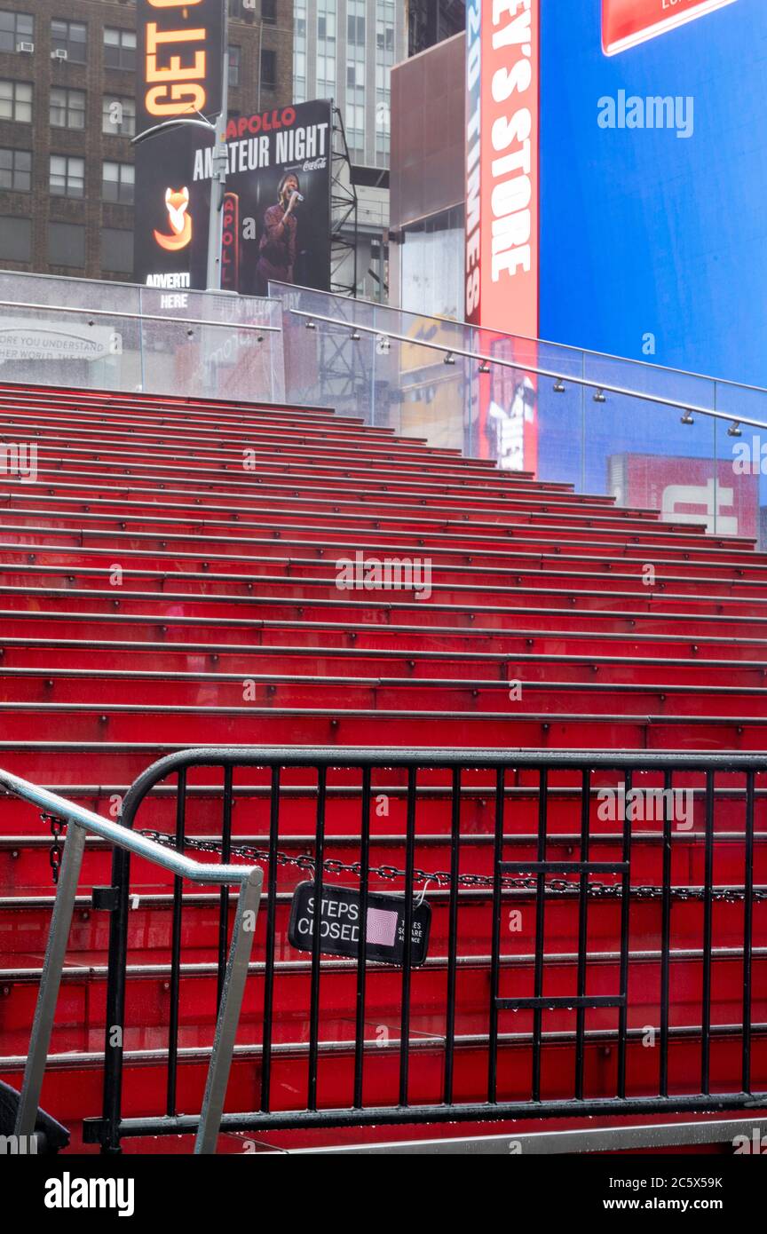 Red Stairs in Times Square, New York City, closed during the Coronavirus pandemic in May, 2020 Stock Photo