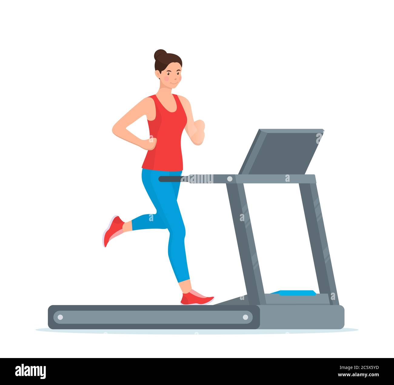 Young woman is running on a treadmill. Vector illustration in flat style, isolated on white Stock Vector