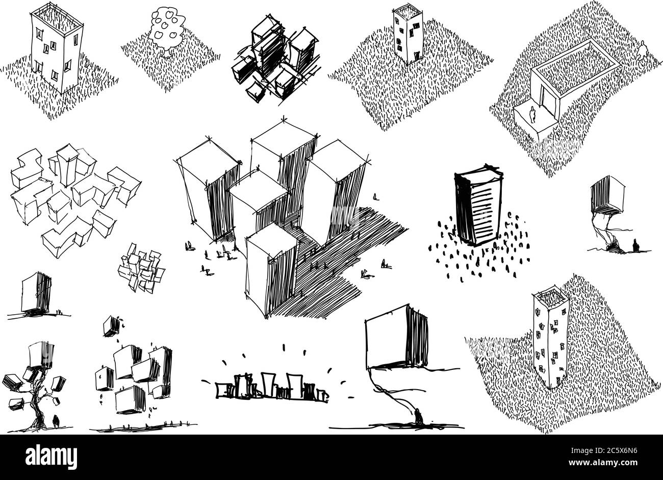 many hand drawn architectectural sketches of a modern abstract