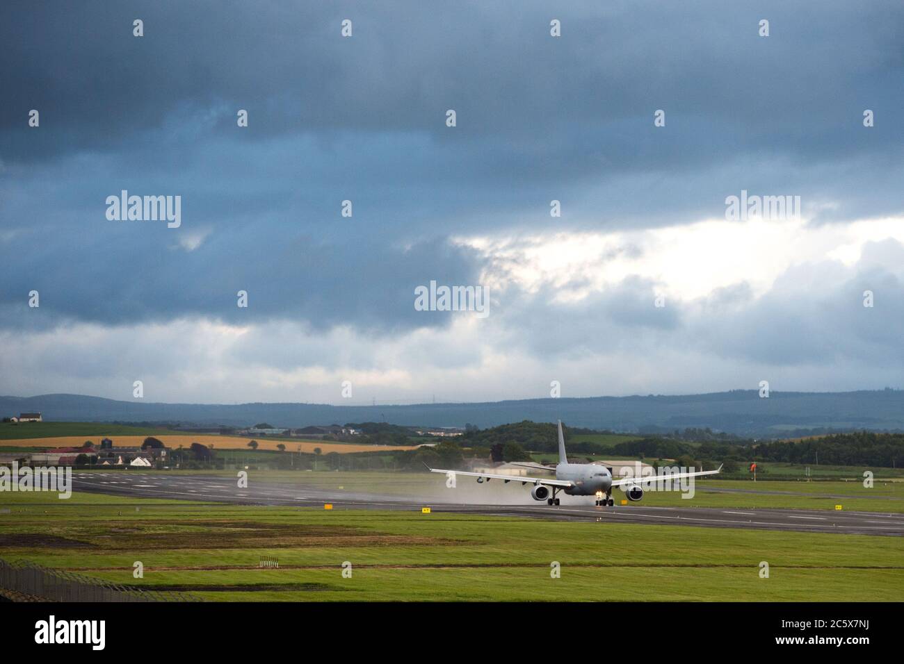 Prestwick, Scotland, UK. 5th July, 2020. Pictured: Royal Air Force (R.A.F) Voyager Aircraft (Reg ZZ343), which is an Air Refuelling Transport for the RAF, seen departing from Glasgow Prestwick International Airport after a short stay where it landed less than an hour earlier. Credit: Colin Fisher/Alamy Live News Stock Photo