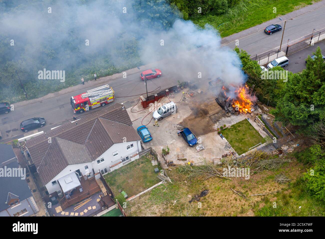 EBBW VALE, WALES, UK JUNE 26 2020 Aerial view of firefighters