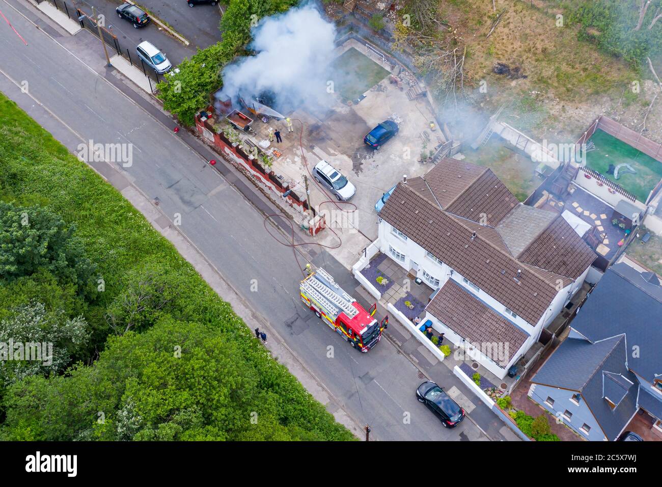 EBBW VALE, WALES, UK JUNE 26 2020 Aerial view of firefighters