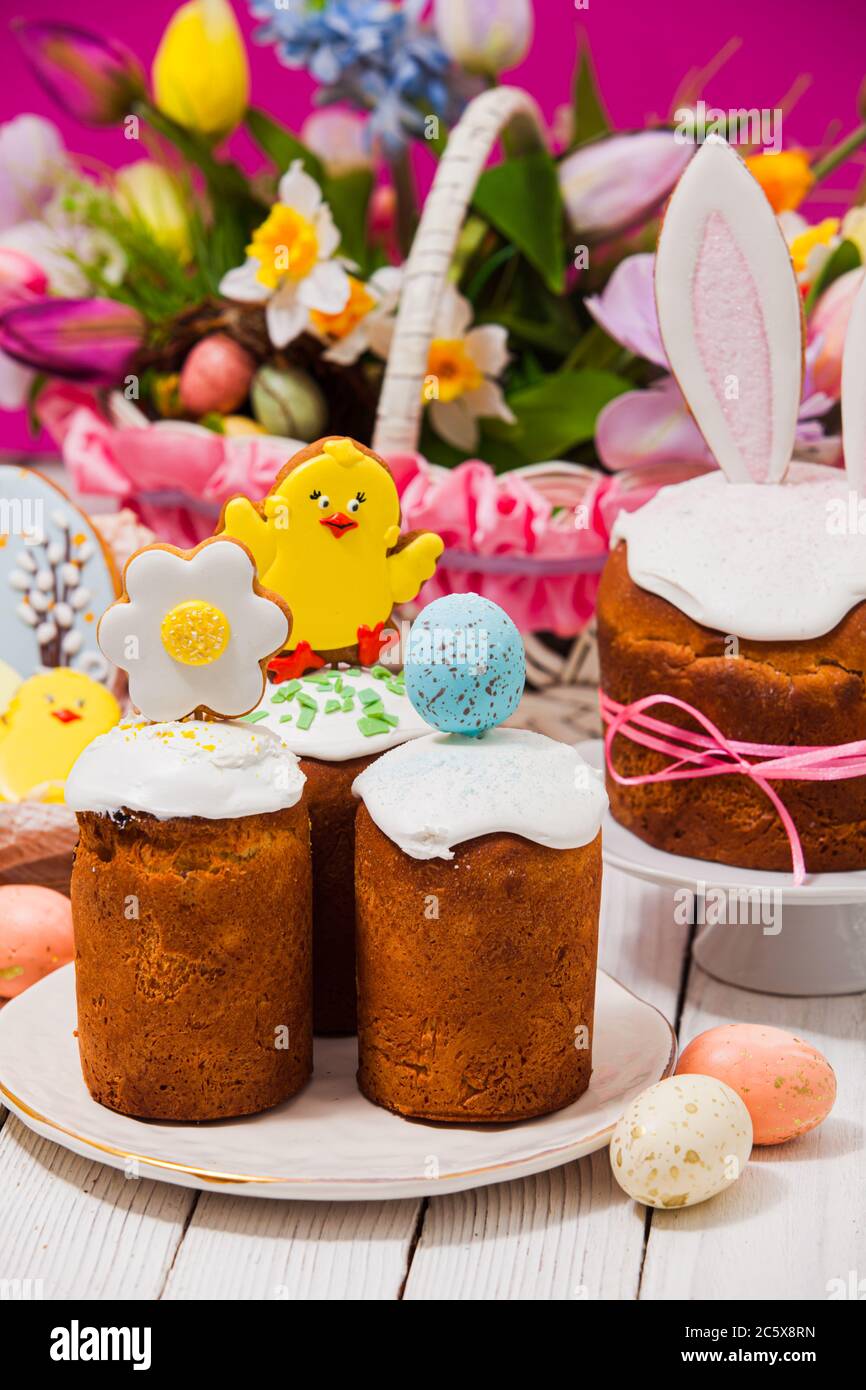 Close-up small Easter breads with cute decoration on top Stock Photo