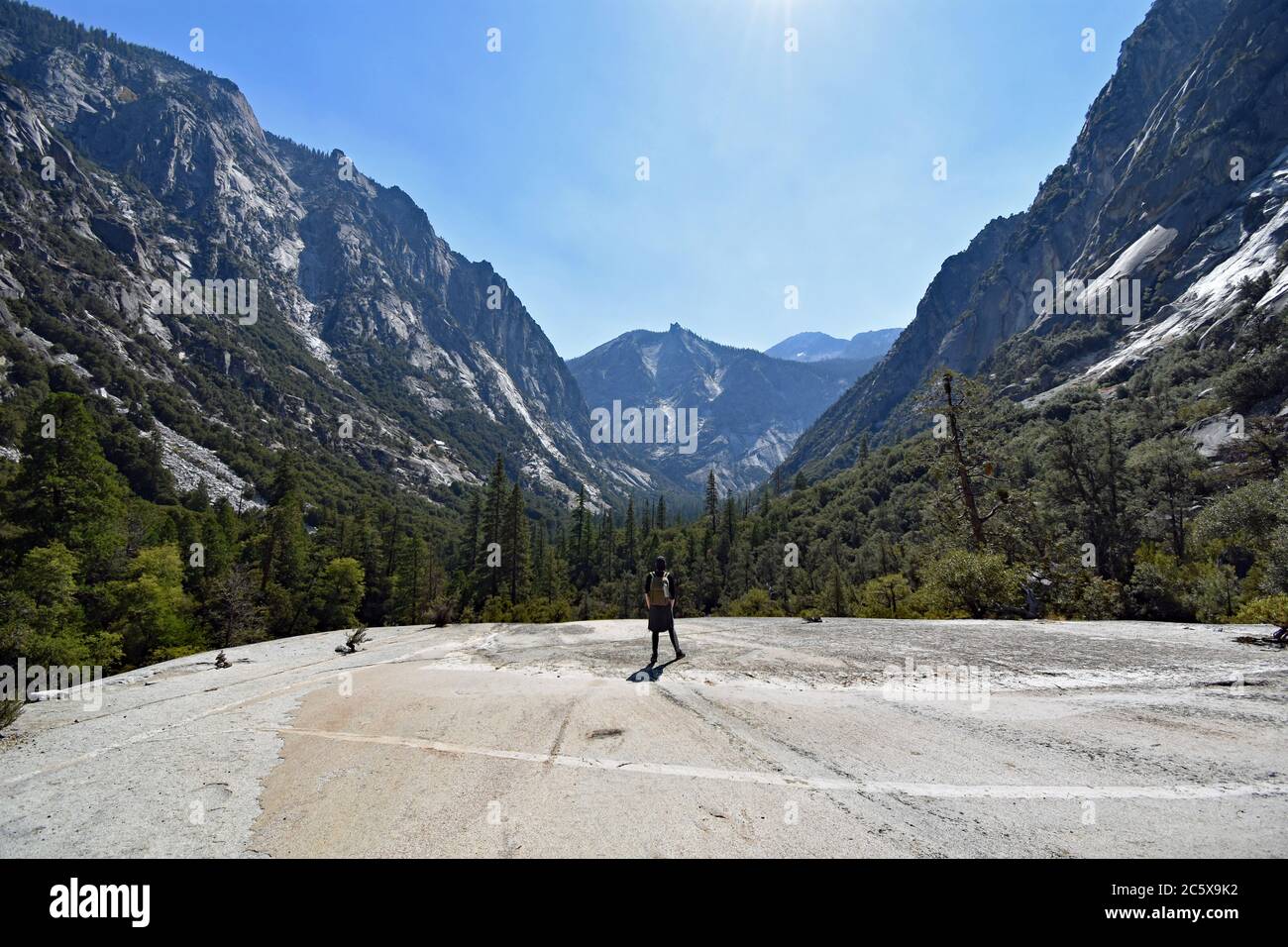 A Hiker takes in the view from Mist Falls trail in Paradise Valley.  Looking out over steep mountain cliffs and forest.  Kings Canyon National Park. Stock Photo