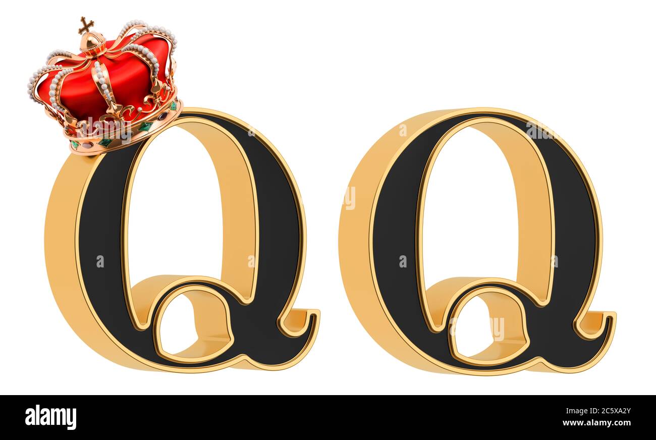 Letters Q with gold crown and without, black font with golden border. 3D rendering isolated on white background Stock Photo