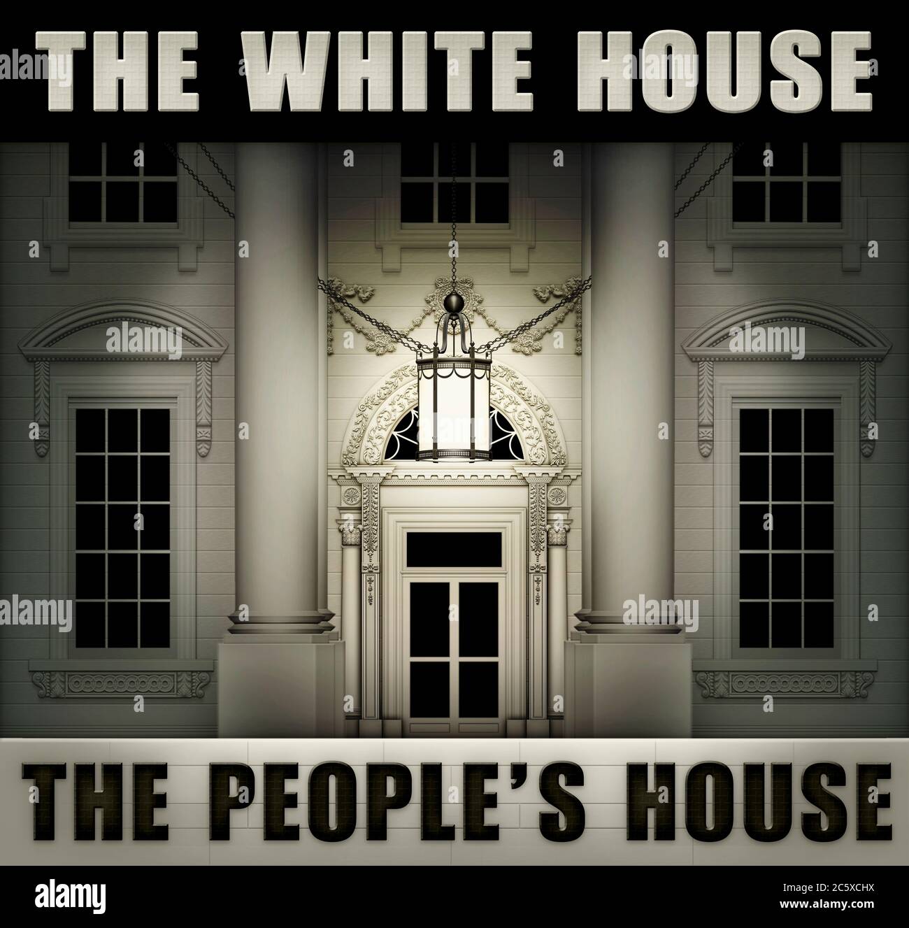 Close up north view of the White House labeled with THE WHITE HOUSE and