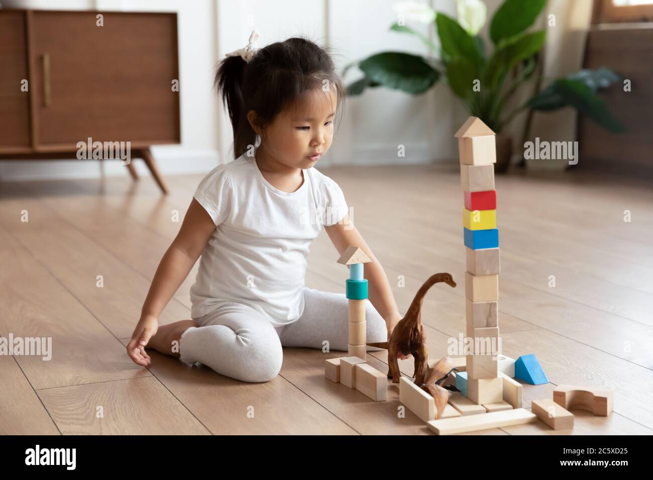 Small asian baby girl playing with cubes alone at home. Stock Photo