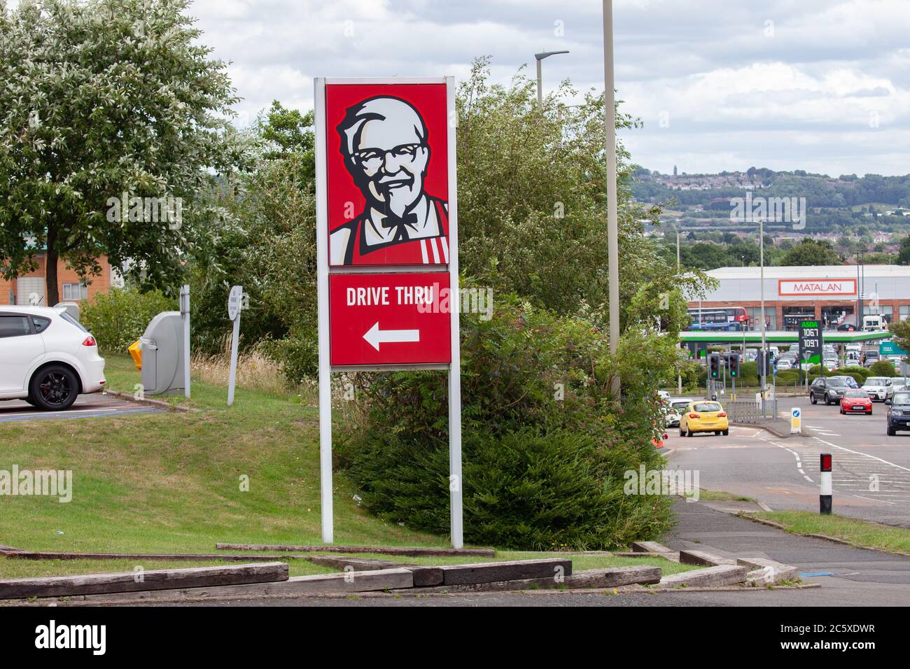 KFC Drive Thru sign with Matalan in the background. Merryhill Shopping Centre. 5th July 2020. West Midlands. UK Stock Photo