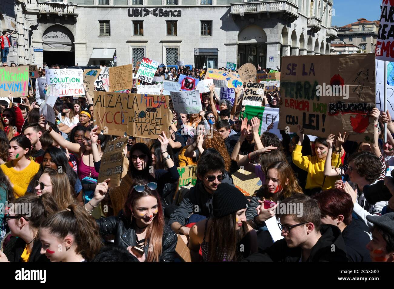 Students protest during 'Fridays for future' international strike for global warming policies. Bergamo, Italy. Stock Photo