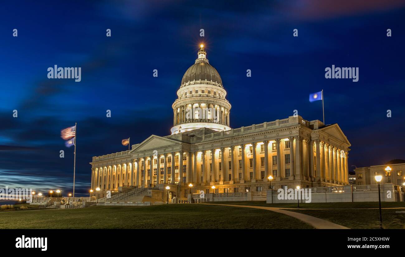 An evening view of the State Capitol of Utah. Stock Photo