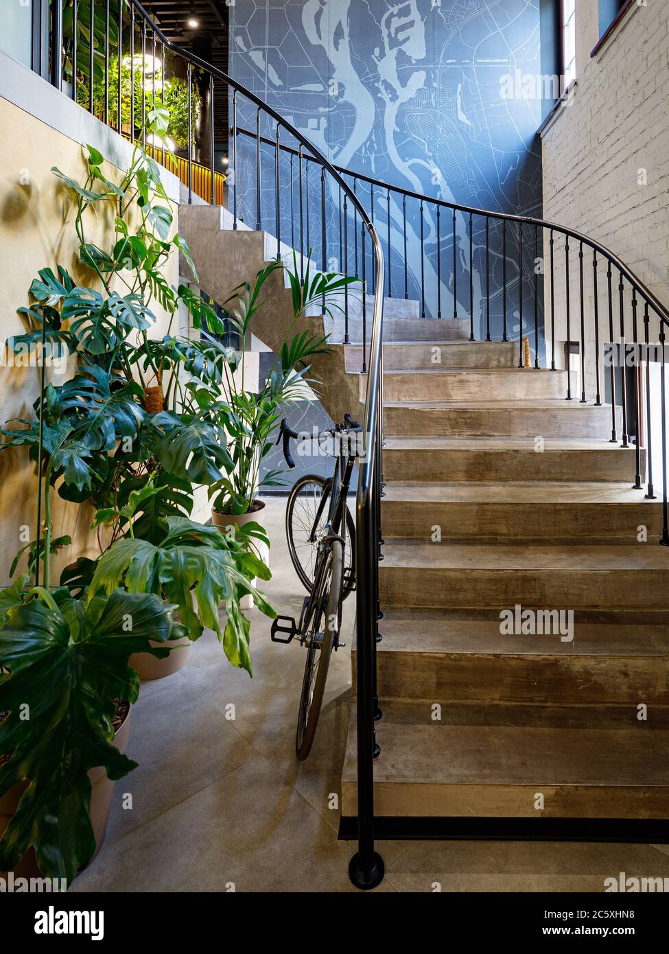 Aestetic indoor interior with upstairs biclycle and plants Stock Photo