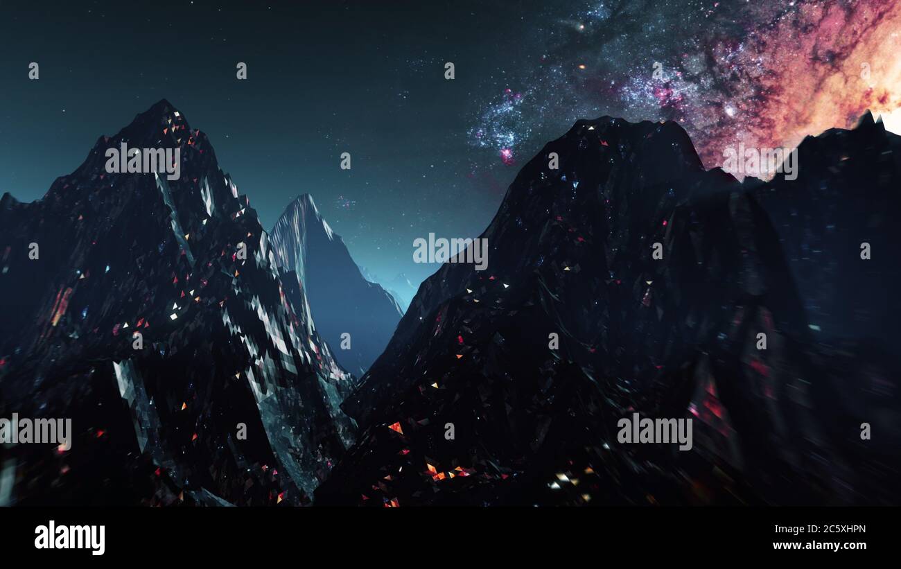 Stylized VJ looping 3D animation with mountains, space and high speed flythrough Stock Photo