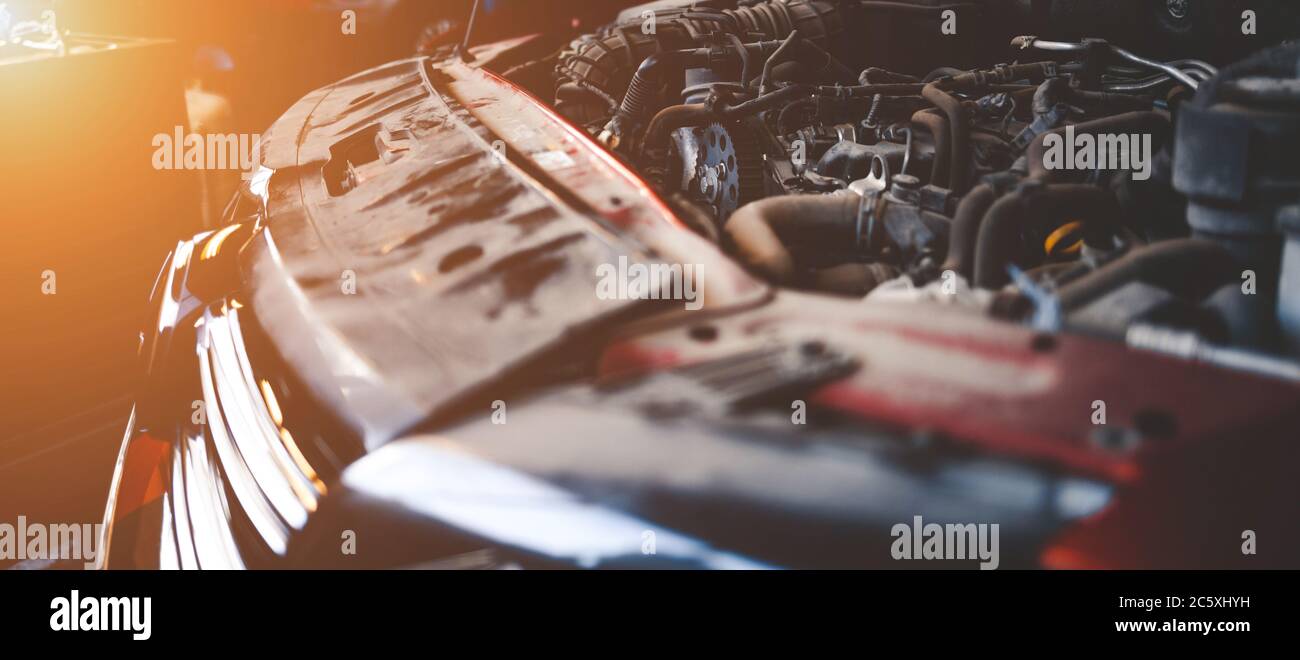 Care engine compartment. Car front in auto service Stock Photo Alamy
