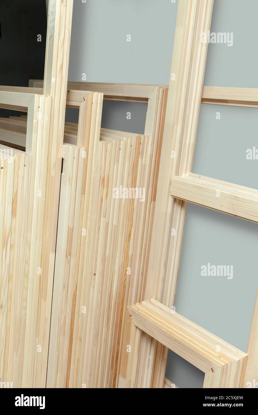 manufacture of wooden windows, close up, abstract wooden texture Stock Photo