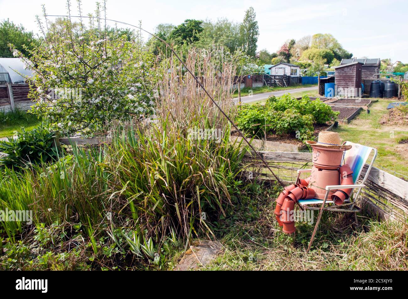 Plantpot man on an allotment site sitting on a chair with fishing rod by an overgrown pond. All of the figure is made from different sized plant pots Stock Photo